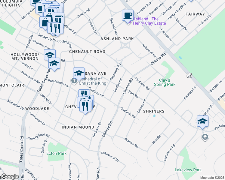 map of restaurants, bars, coffee shops, grocery stores, and more near 404 Dudley Road in Lexington