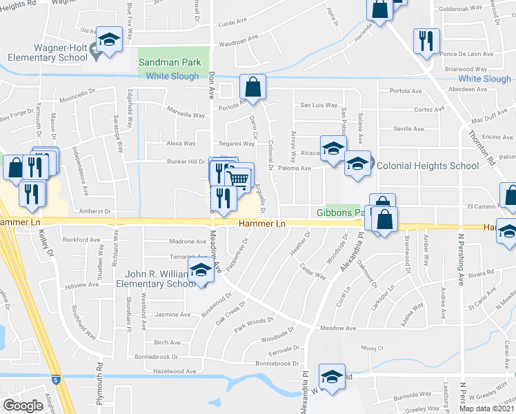 map of restaurants, bars, coffee shops, grocery stores, and more near 7931 Arguello Drive in Stockton