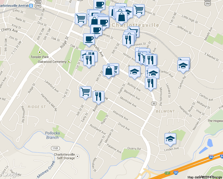 map of restaurants, bars, coffee shops, grocery stores, and more near 707 Montrose Avenue in Charlottesville