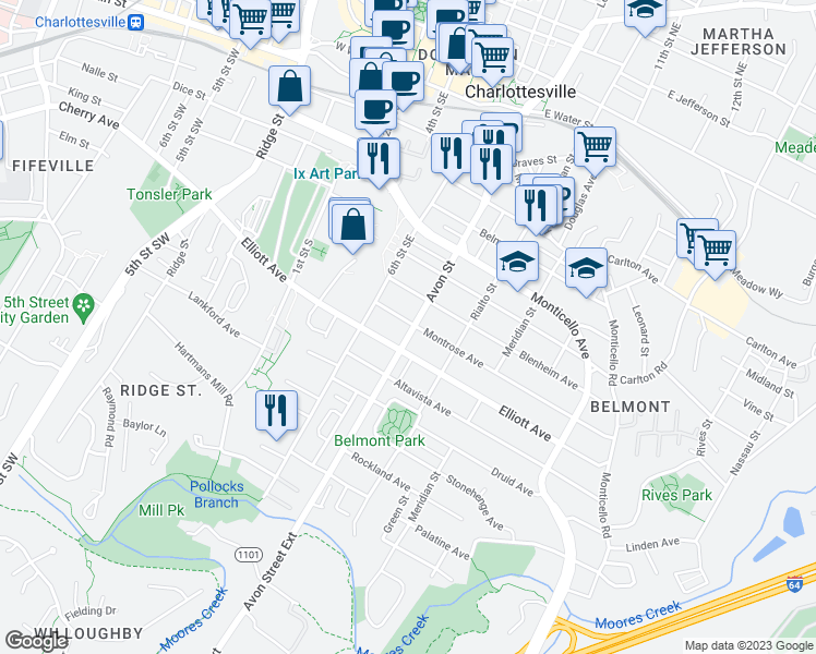 map of restaurants, bars, coffee shops, grocery stores, and more near 1001 Avon Street in Charlottesville