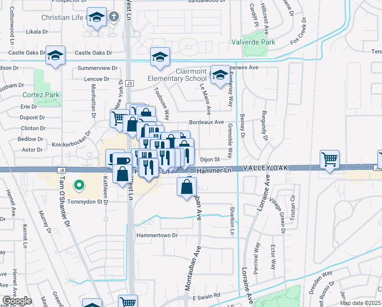map of restaurants, bars, coffee shops, grocery stores, and more near 7936 Montauban Avenue in Stockton