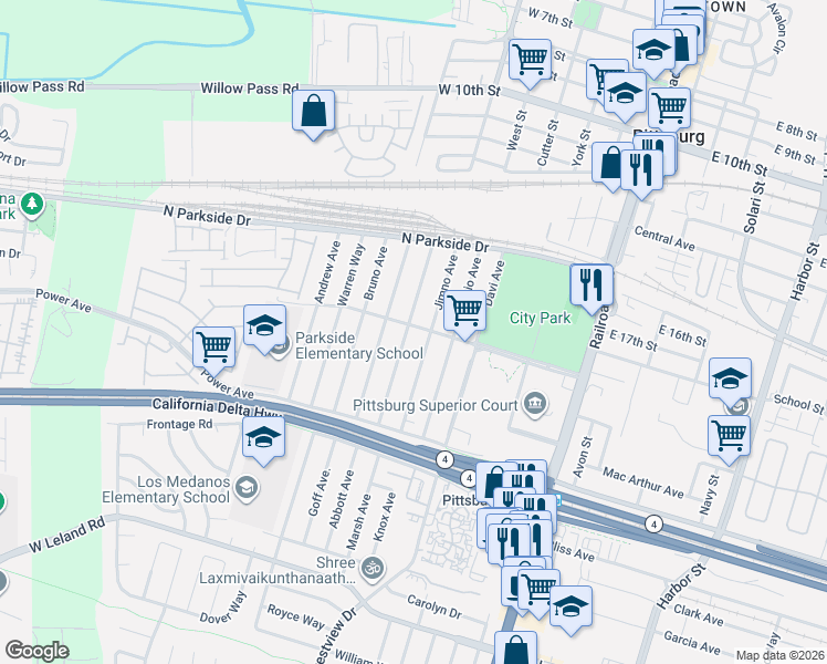 map of restaurants, bars, coffee shops, grocery stores, and more near 203 Rose Ann Avenue in Pittsburg