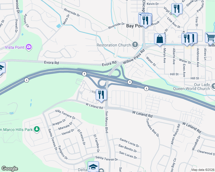 map of restaurants, bars, coffee shops, grocery stores, and more near Willow Pass Road in Bay Point
