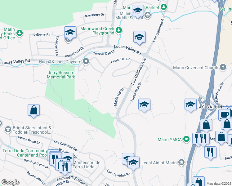map of restaurants, bars, coffee shops, grocery stores, and more near 49 Maple Hill Drive in San Rafael