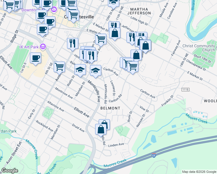 map of restaurants, bars, coffee shops, grocery stores, and more near 1114 Monticello Road in Charlottesville