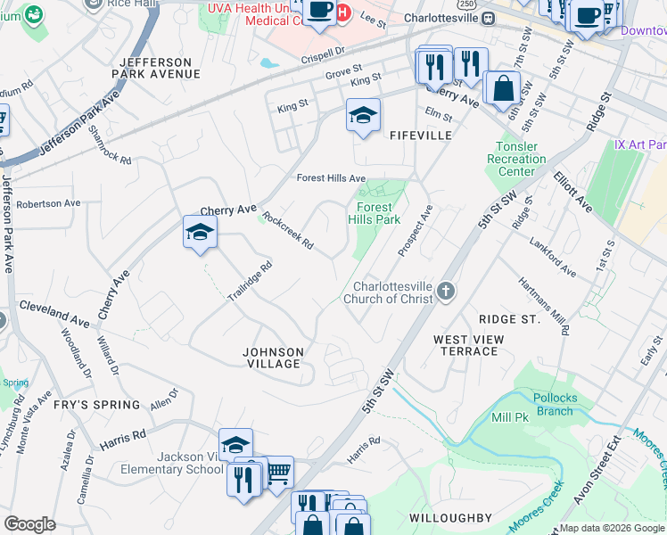 map of restaurants, bars, coffee shops, grocery stores, and more near 716 Rockcreek Road in Charlottesville