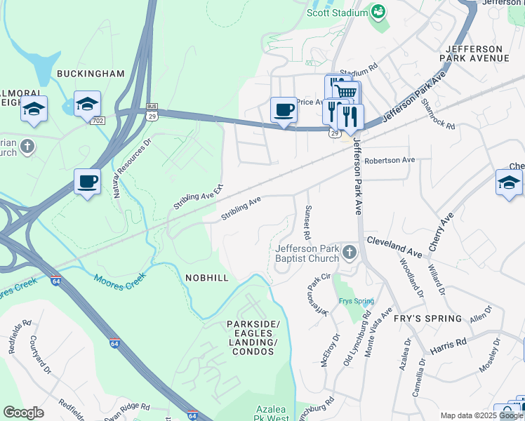 map of restaurants, bars, coffee shops, grocery stores, and more near 220 Stribling Avenue in Charlottesville