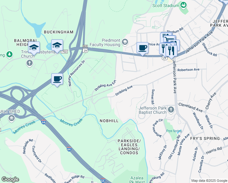 map of restaurants, bars, coffee shops, grocery stores, and more near 253 Stribling Avenue in Charlottesville