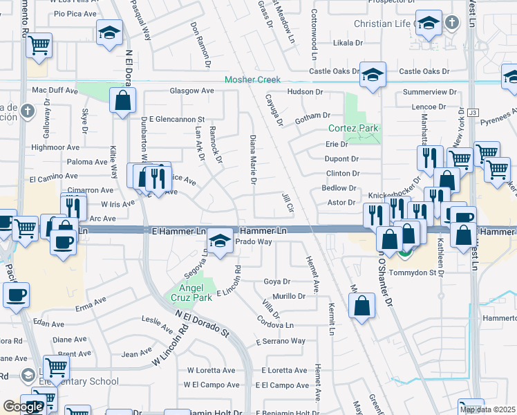map of restaurants, bars, coffee shops, grocery stores, and more near 7926 Diana Marie Drive in Stockton