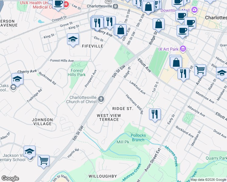 map of restaurants, bars, coffee shops, grocery stores, and more near 811 Ridge Street in Charlottesville