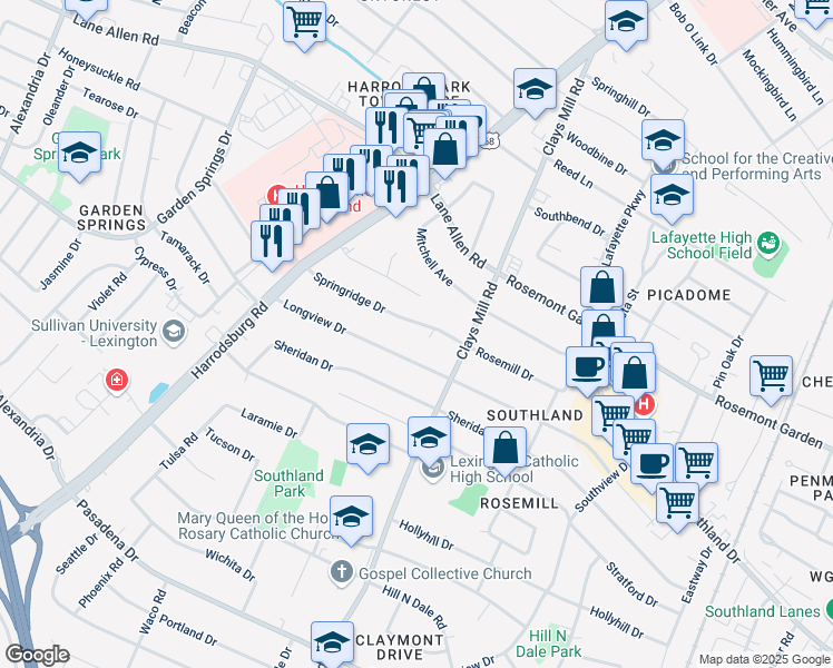 map of restaurants, bars, coffee shops, grocery stores, and more near 628 Springridge Drive in Lexington