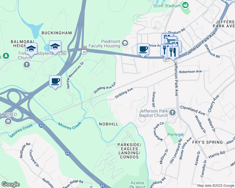 map of restaurants, bars, coffee shops, grocery stores, and more near 249 Stribling Avenue in Charlottesville