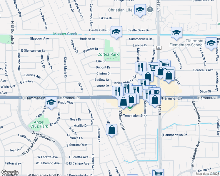 map of restaurants, bars, coffee shops, grocery stores, and more near 808 Astor Drive in Stockton