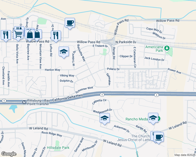 map of restaurants, bars, coffee shops, grocery stores, and more near 309 Baltic Sea Court in Pittsburg