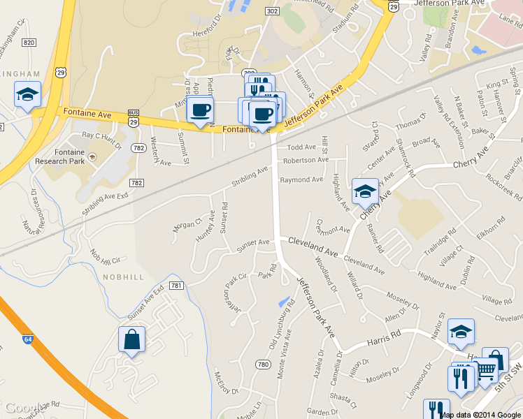 map of restaurants, bars, coffee shops, grocery stores, and more near 2419 Jefferson Park Avenue in Charlottesville