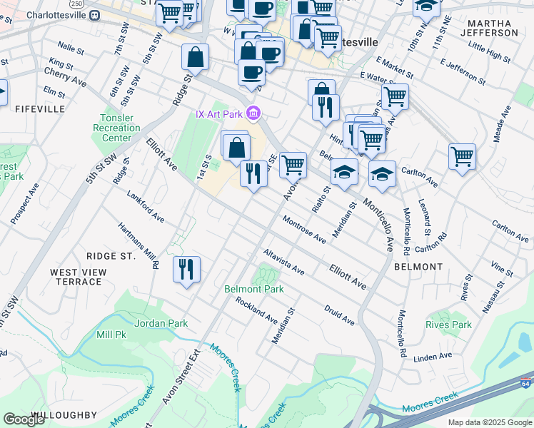 map of restaurants, bars, coffee shops, grocery stores, and more near 614 Montrose Avenue in Charlottesville