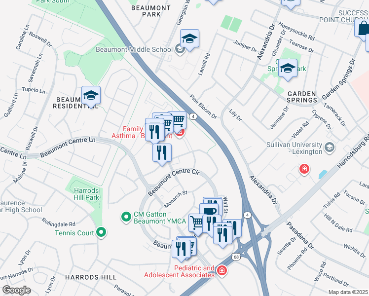 map of restaurants, bars, coffee shops, grocery stores, and more near 3159 Beaumont Centre Circle in Lexington