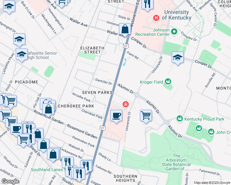 map of restaurants, bars, coffee shops, grocery stores, and more near 1610 Nicholasville Road in Lexington