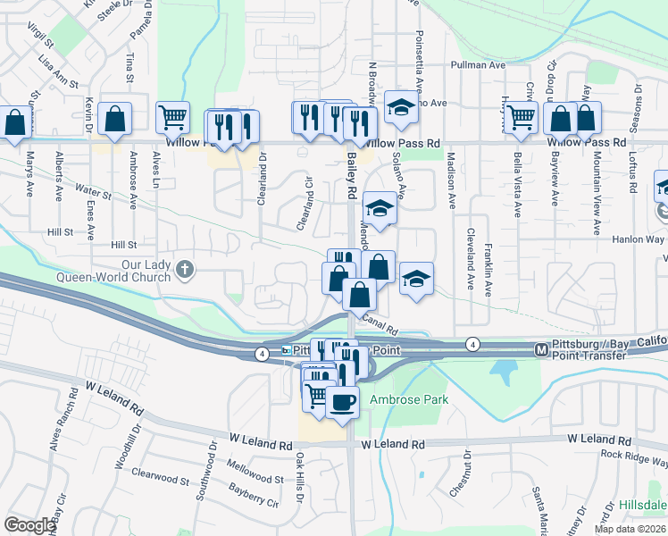 map of restaurants, bars, coffee shops, grocery stores, and more near 38 Mims Avenue in Bay Point