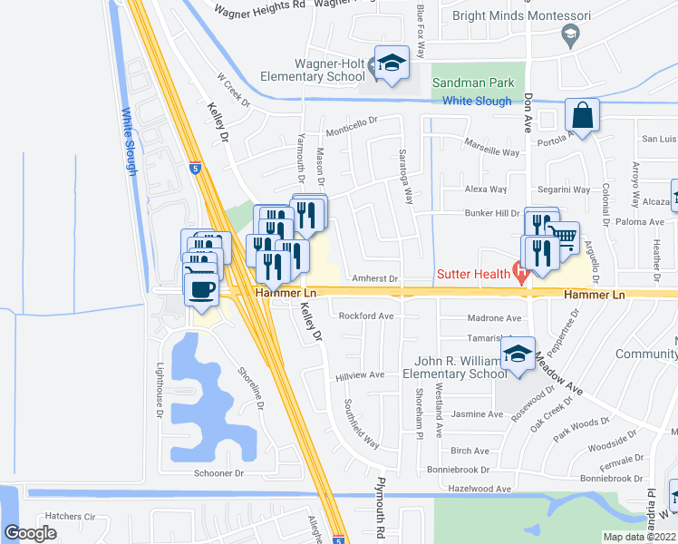 map of restaurants, bars, coffee shops, grocery stores, and more near 7909 Montgomery Avenue in Stockton