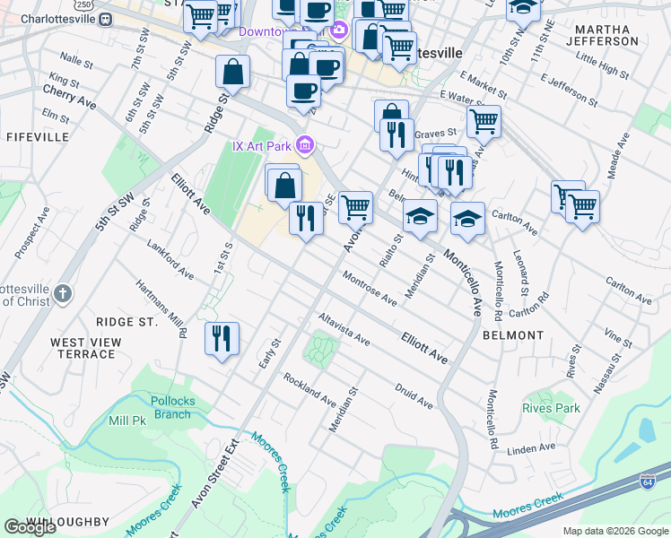 map of restaurants, bars, coffee shops, grocery stores, and more near Avon Street & Montrose Avenue in Charlottesville