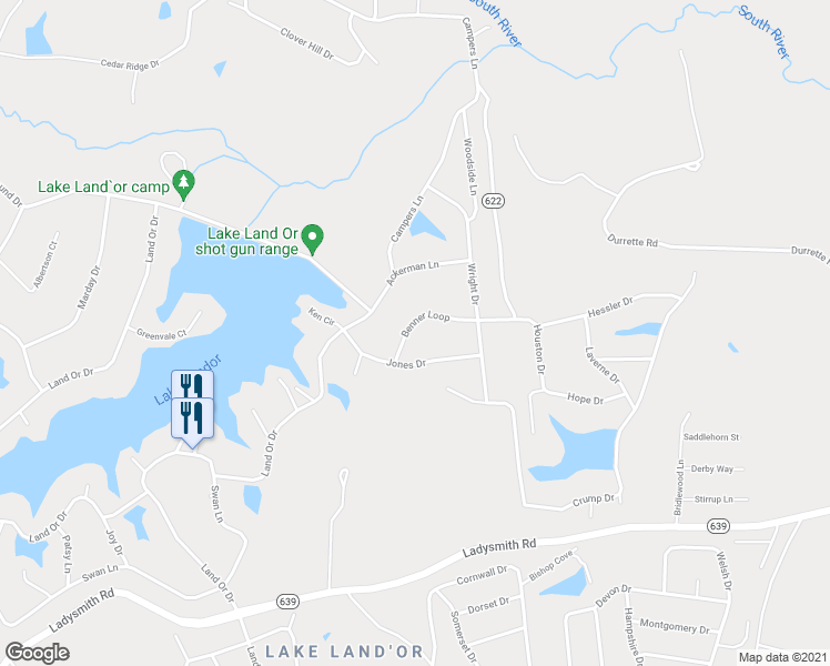 map of restaurants, bars, coffee shops, grocery stores, and more near 27 Benner Loop in Ruther Glen