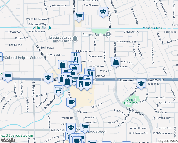 map of restaurants, bars, coffee shops, grocery stores, and more near 622 W Iris Ave in Stockton