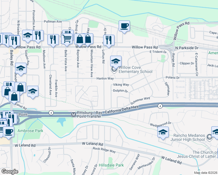 map of restaurants, bars, coffee shops, grocery stores, and more near 120 Viking Way in Pittsburg
