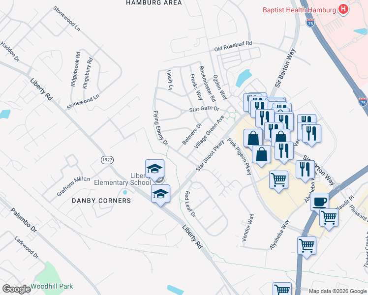 map of restaurants, bars, coffee shops, grocery stores, and more near 904 Belmere Drive in Lexington