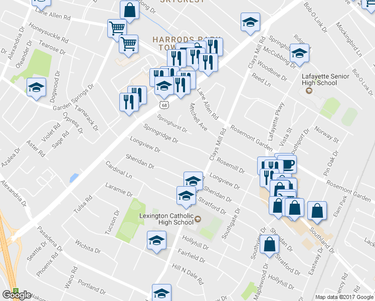 map of restaurants, bars, coffee shops, grocery stores, and more near 628 Springridge Drive in Lexington