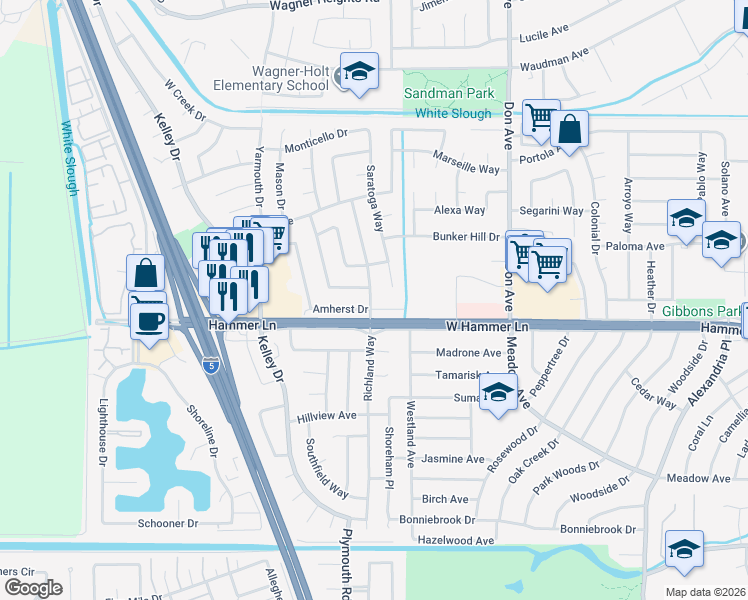 map of restaurants, bars, coffee shops, grocery stores, and more near 7912 Richland Way in Stockton
