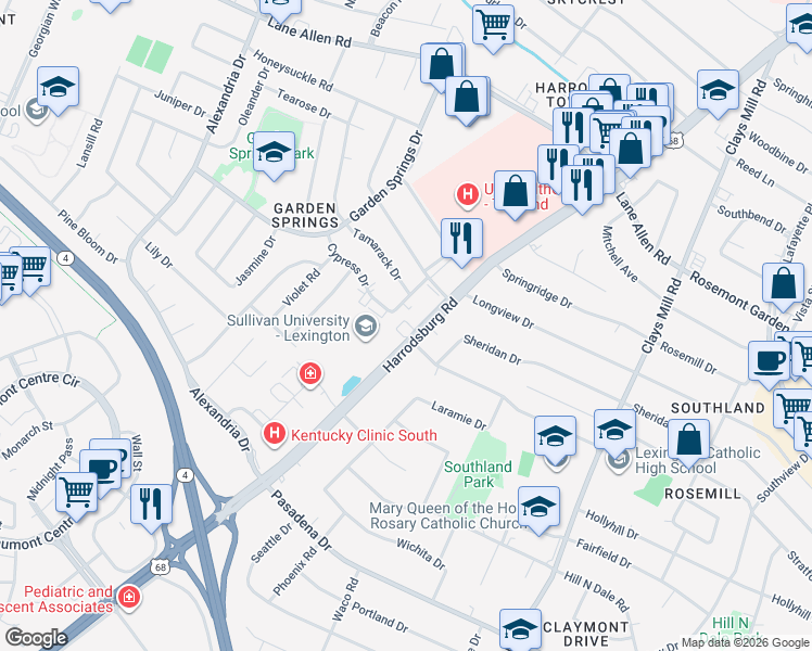 map of restaurants, bars, coffee shops, grocery stores, and more near 2339 Harrodsburg Road in Lexington