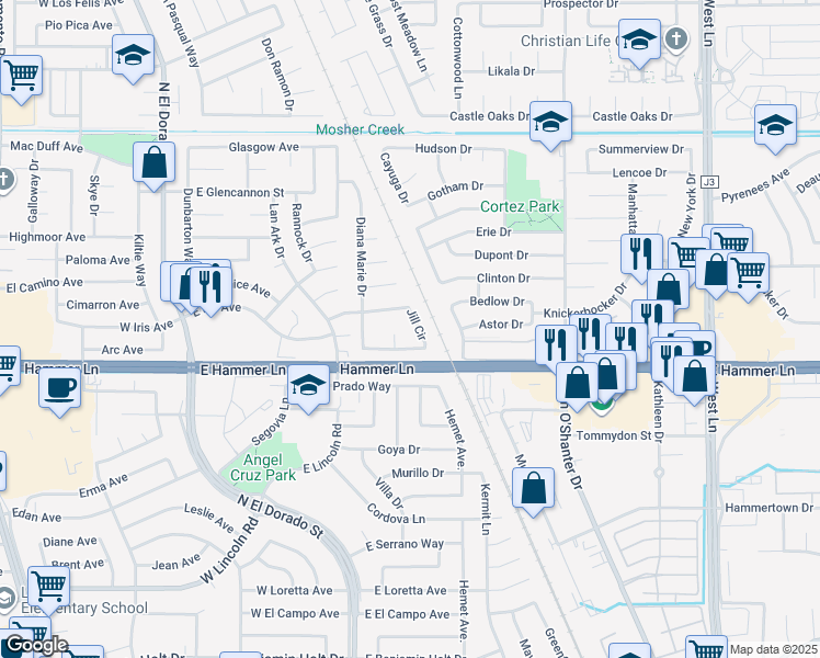 map of restaurants, bars, coffee shops, grocery stores, and more near 408 Jill Circle in Stockton
