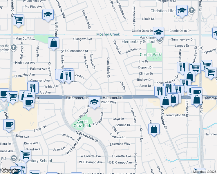 map of restaurants, bars, coffee shops, grocery stores, and more near 7926 Diana Marie Drive in Stockton
