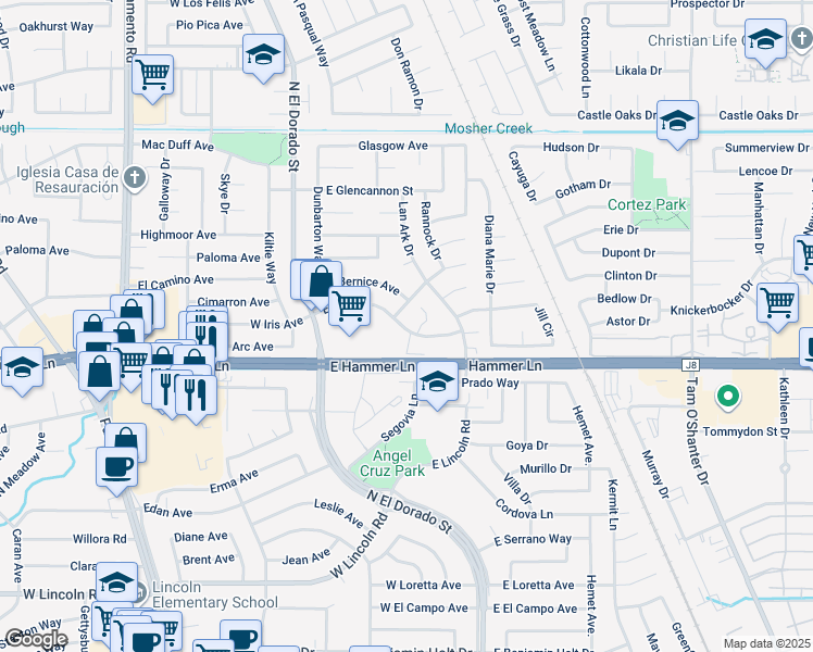 map of restaurants, bars, coffee shops, grocery stores, and more near 210 East Iris Avenue in Stockton