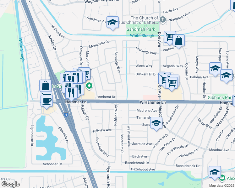 map of restaurants, bars, coffee shops, grocery stores, and more near 7912 Richland Way in Stockton