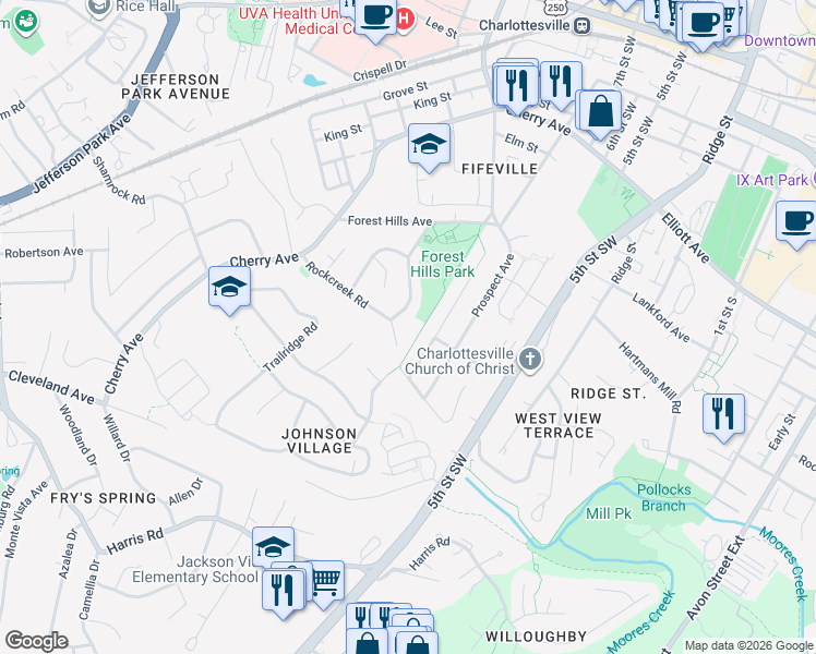 map of restaurants, bars, coffee shops, grocery stores, and more near 771 Orangedale Avenue in Charlottesville