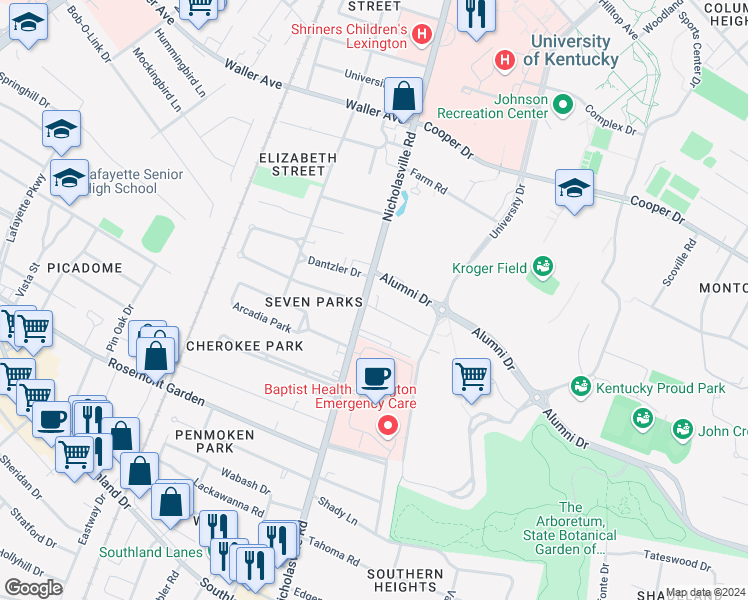 map of restaurants, bars, coffee shops, grocery stores, and more near 1610 Nicholasville Road in Lexington