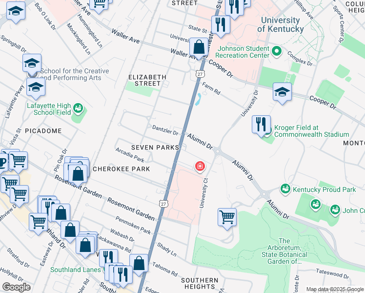 map of restaurants, bars, coffee shops, grocery stores, and more near 1610 Nicholasville Road in Lexington