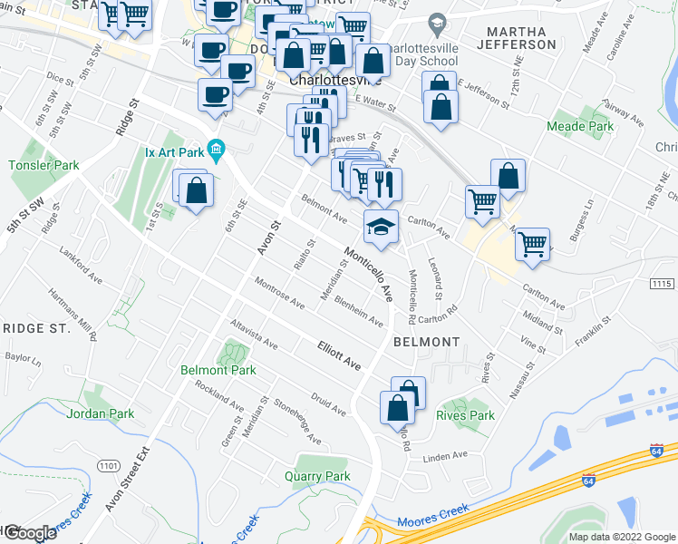 map of restaurants, bars, coffee shops, grocery stores, and more near Meridian Street & Bolling Avenue in Charlottesville