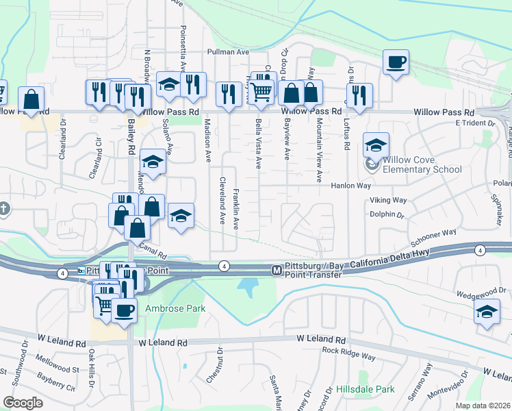 map of restaurants, bars, coffee shops, grocery stores, and more near 132 Bella Vista Avenue in Bay Point