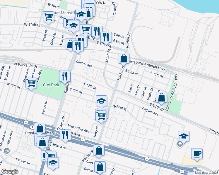 map of restaurants, bars, coffee shops, grocery stores, and more near 1396 Solari Street in Pittsburg