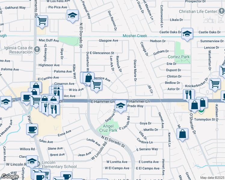 map of restaurants, bars, coffee shops, grocery stores, and more near 263 East Iris Avenue in Stockton
