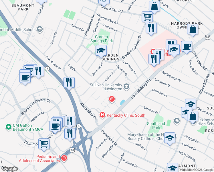 map of restaurants, bars, coffee shops, grocery stores, and more near 2157 Sage Road in Lexington