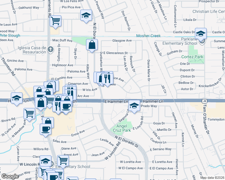 map of restaurants, bars, coffee shops, grocery stores, and more near 7932 North El Dorado Street in Stockton
