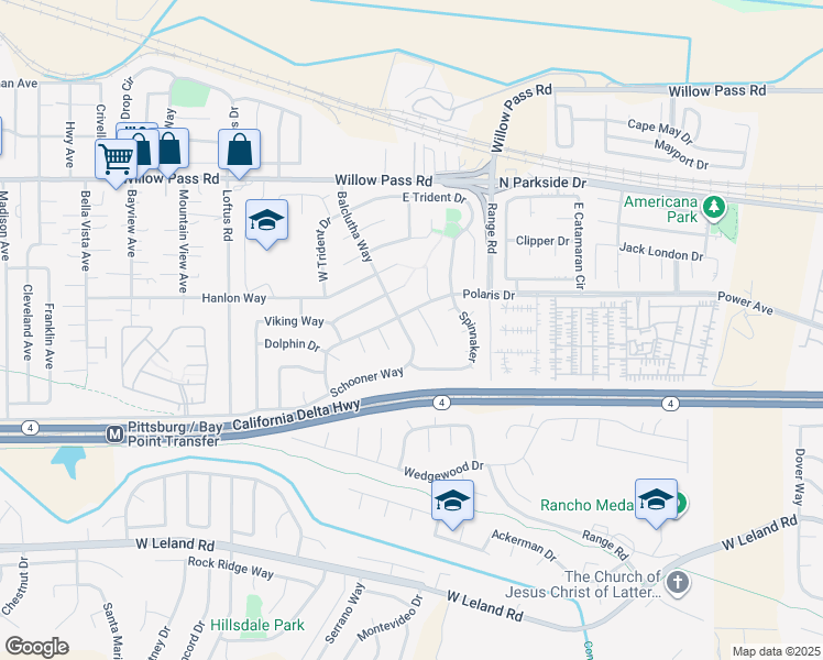 map of restaurants, bars, coffee shops, grocery stores, and more near 389 Schooner Way in Pittsburg