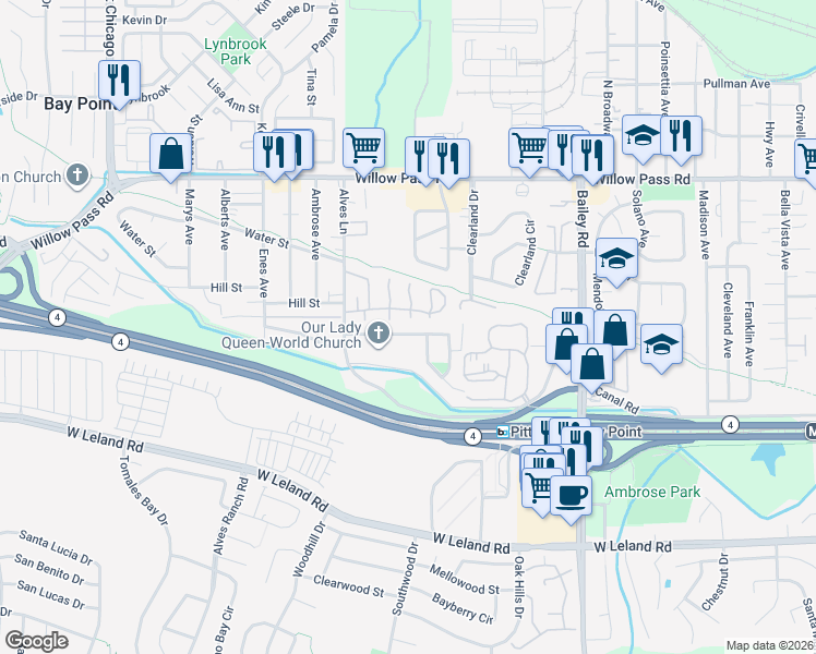 map of restaurants, bars, coffee shops, grocery stores, and more near 3126 Winterbrook Drive in Bay Point