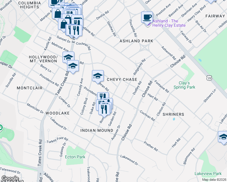 map of restaurants, bars, coffee shops, grocery stores, and more near 175 Romany Road in Lexington