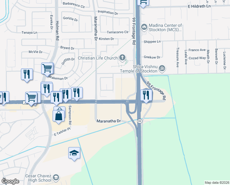 map of restaurants, bars, coffee shops, grocery stores, and more near 7830 Omega Way in Stockton