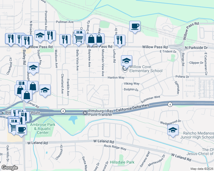 map of restaurants, bars, coffee shops, grocery stores, and more near 151 Maureen Circle in Pittsburg
